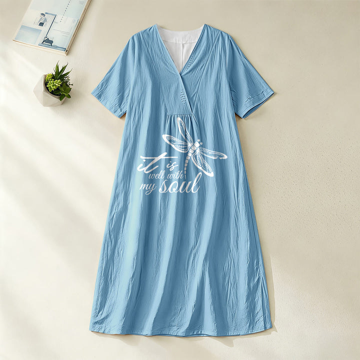 Christianartworkshop Sommer Strand Glaubensvers Libelle V-Ausschnitt Kurzarm Midikleid - Blau - 4XL - image 4