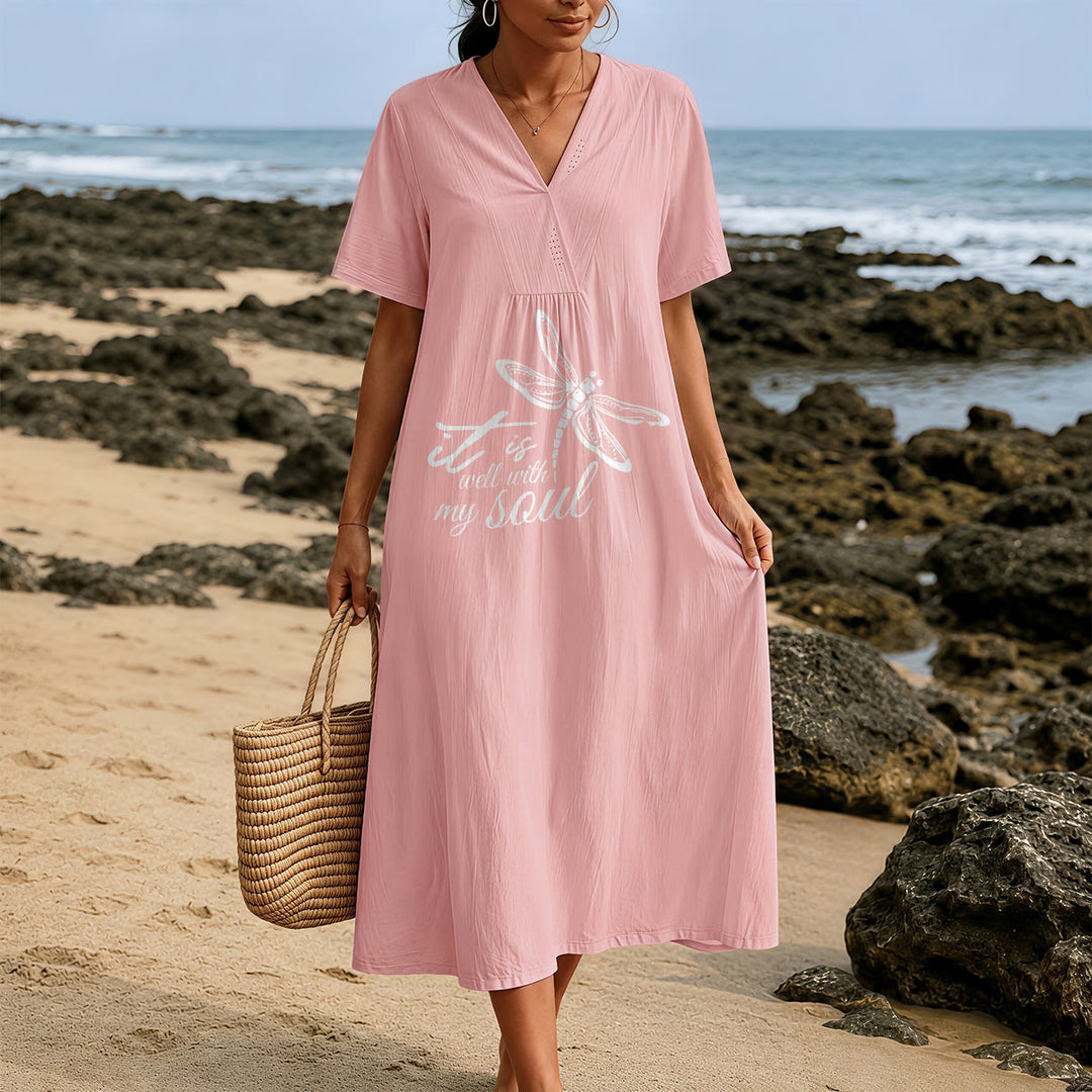 Christianartworkshop Sommer Strand Glaubensvers Libelle V-Ausschnitt Kurzarm Midikleid - image 9