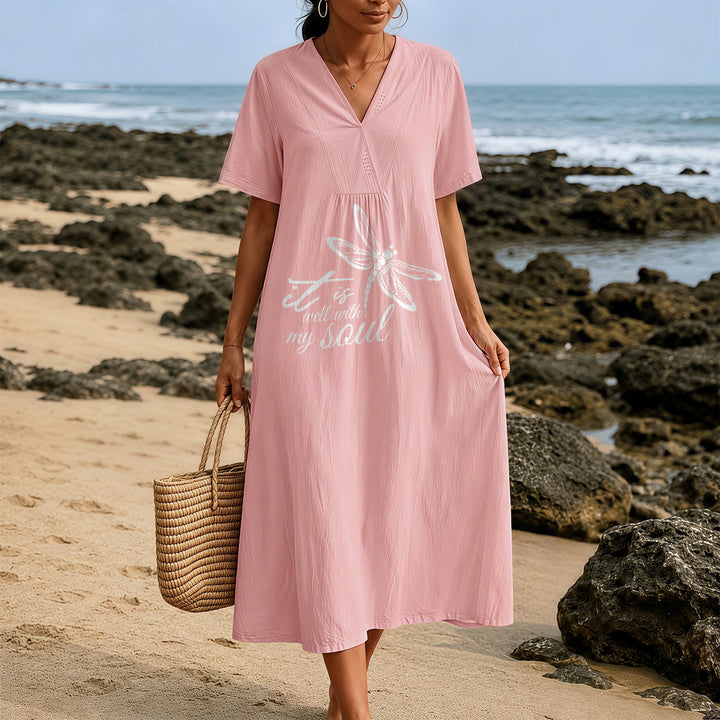 Christianartworkshop Sommer Strand Glaubensvers Libelle V-Ausschnitt Kurzarm Midikleid - image 9