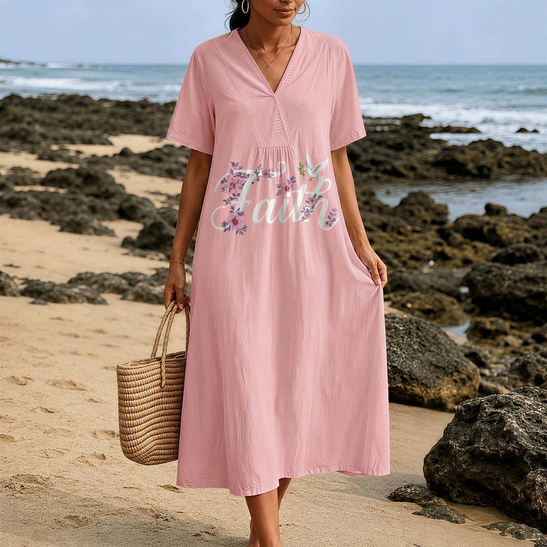 Christianartworkshop Strandkleid „Faith Script“ mit weißem Tauben- und Blütenmuster und V-Ausschnitt - image 1