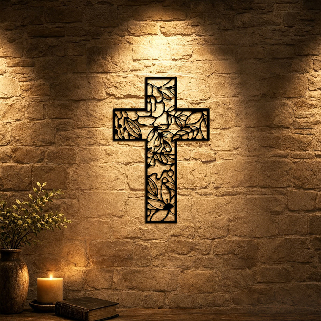 Christianartworkshop Wanddekor aus Metall mit floralem Hohlkreuz: Symbol ewiger Hoffnung und Gnade - image 0