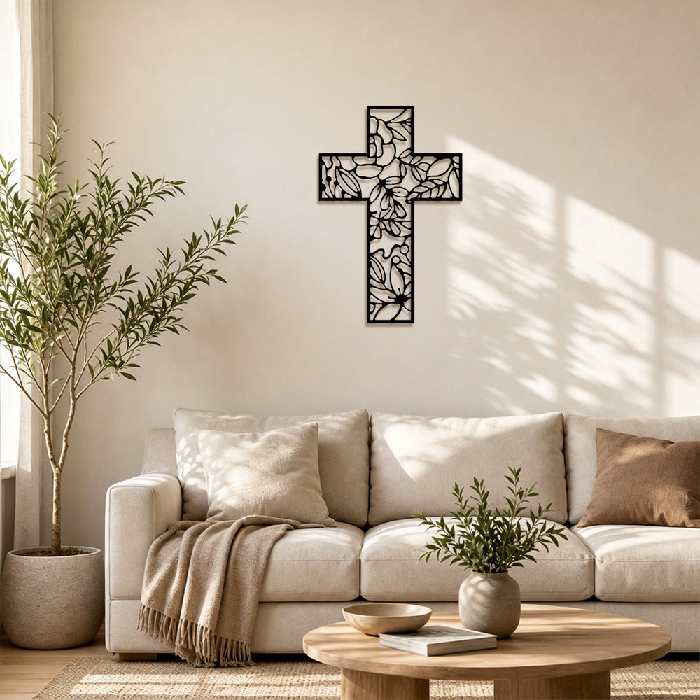 Christianartworkshop Florales Hohlkreuz aus Metall als Wanddekoration: Symbol ewiger Hoffnung und Gnade - image 1