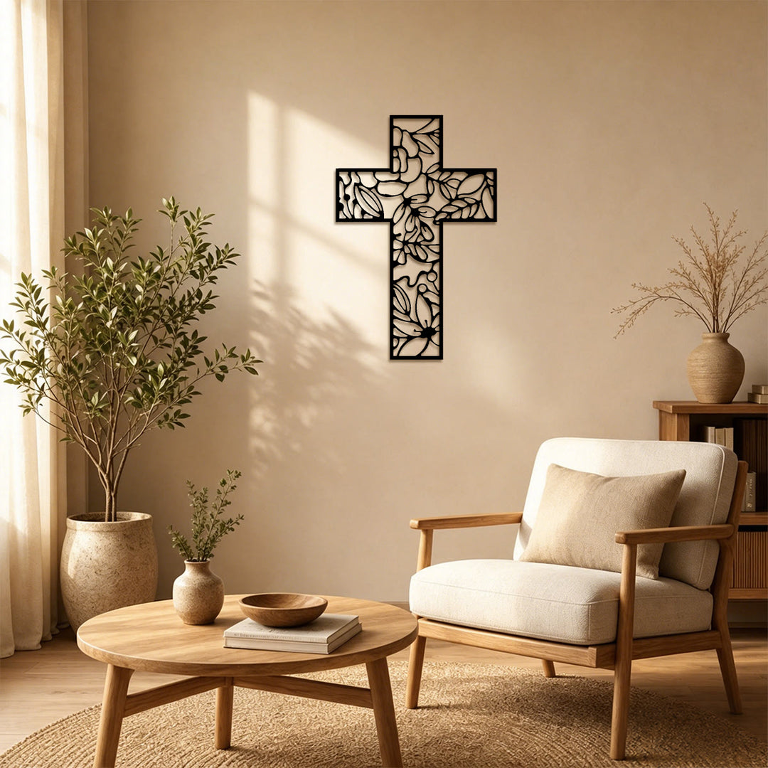 Christianartworkshop Wanddekor aus Metall mit floralem Hohlkreuz: Symbol ewiger Hoffnung und Gnade - image 2