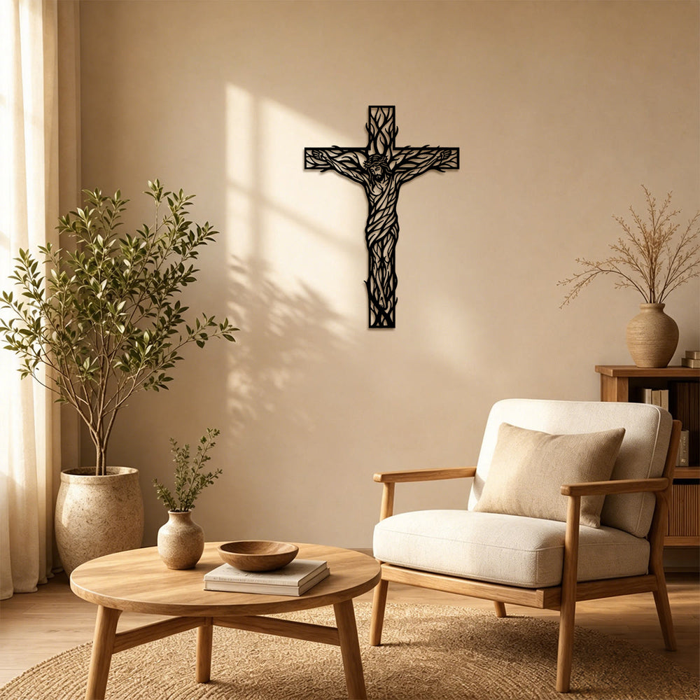 Christianartworkshop Wanddeko aus Metall mit Weinranken-Kreuz: Symbol der Erlösung und des ewigen Lebens - image 1