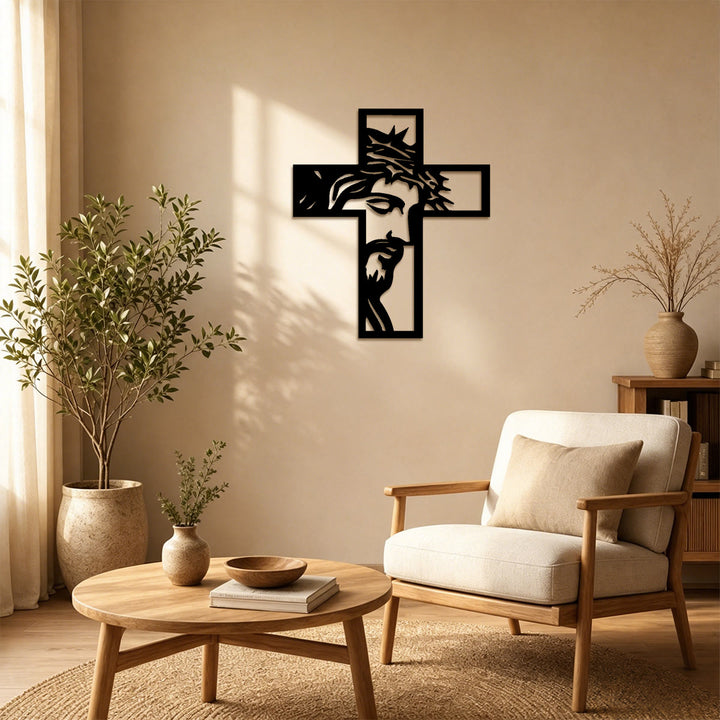 Christianartworkshop Dornenbekröntes, kontemplatives Jesuskreuz aus Metall als Wanddekoration: Symbol für Opferbereitschaft und Barmherzigkeit - image 1