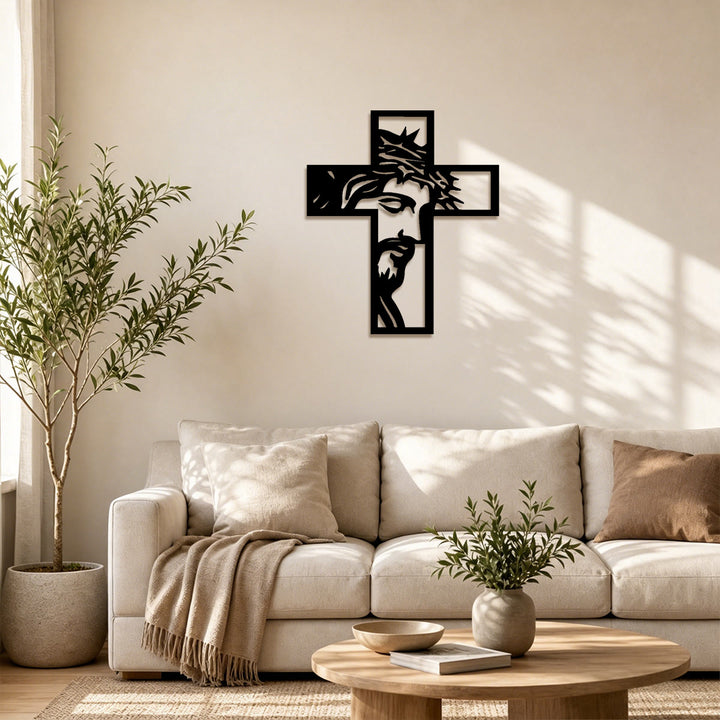 Christianartworkshop Dornenbekröntes, kontemplatives Jesuskreuz aus Metall als Wanddekoration: Symbol für Opferbereitschaft und Barmherzigkeit - image 2