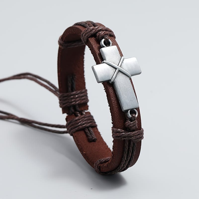 Christianartworkshop Vintage-Armband mit verstellbarem Kreuz aus Lederkordel und Metall: Ein Symbol unerschütterlichen Glaubens - Braun - image 0
