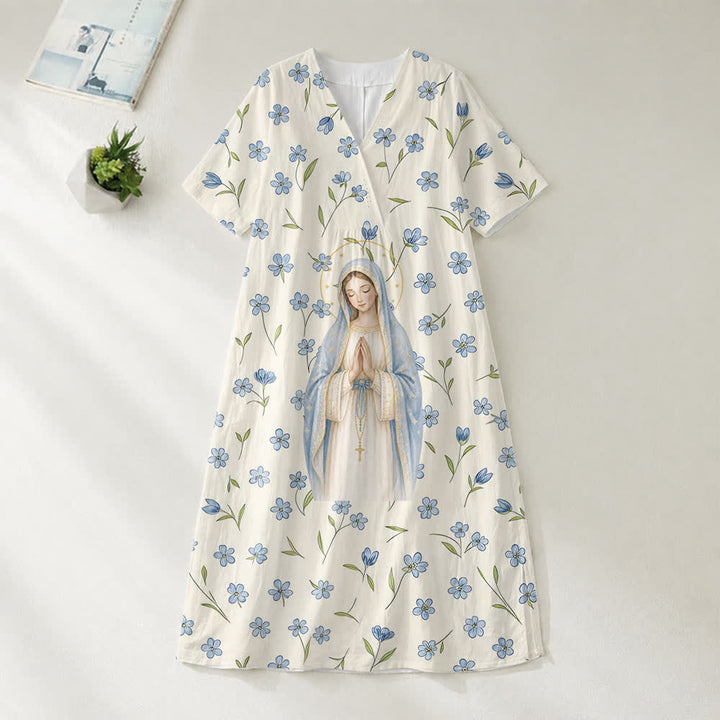 Christianartworkshop Weiches Aquarellkleid „Our Lady“ mit Blumenmuster, V-Ausschnitt und kurzen Ärmeln, Midi-Länge - image 1