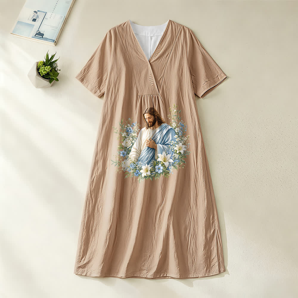 Christianartworkshop Jesus Blumenkranz Aquarell V-Ausschnitt Kurzarm Midikleid - Khaki - 4XL - image 2