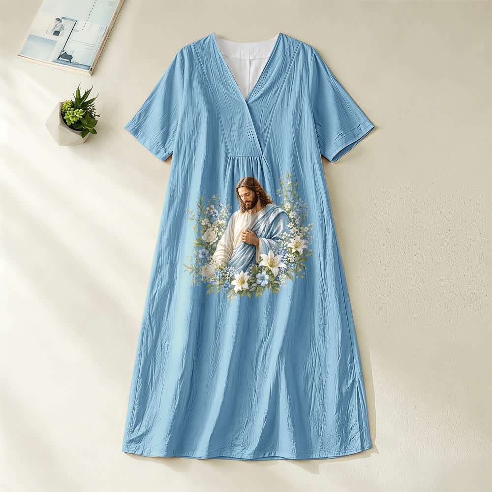 Christianartworkshop Jesus Blumenkranz Aquarell V-Ausschnitt Kurzarm Midikleid - Blau - 4XL - image 0