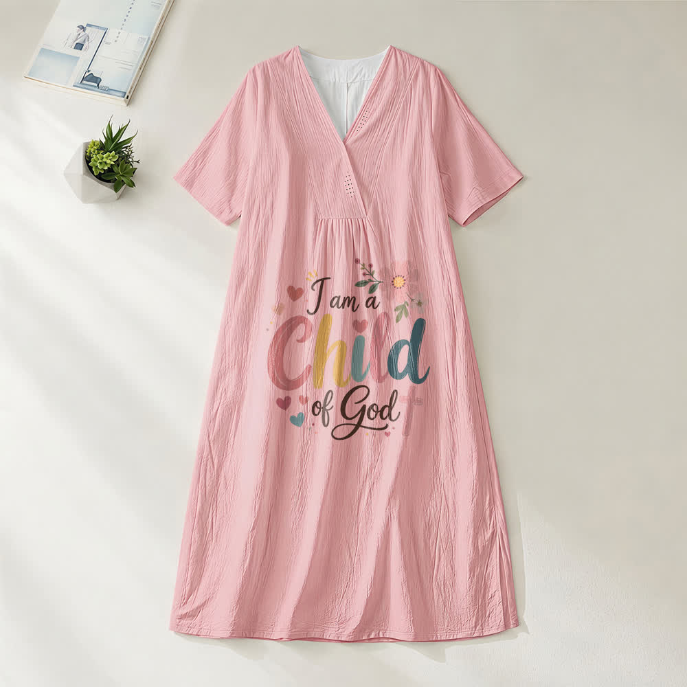 Christianartworkshop Ich bin ein Kind Gottes Blumen- und Herz-Midikleid mit V-Ausschnitt und kurzen Ärmeln - Rosa - 4XL - image 3