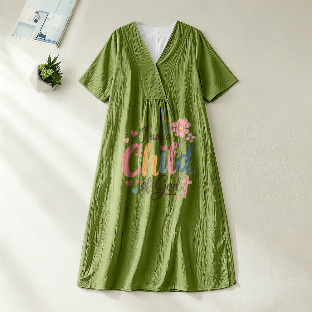 Christianartworkshop Ich bin ein Kind Gottes Blumen- und Herz-Midikleid mit V-Ausschnitt und kurzen Ärmeln - Olivgrün - 4XL - image 11