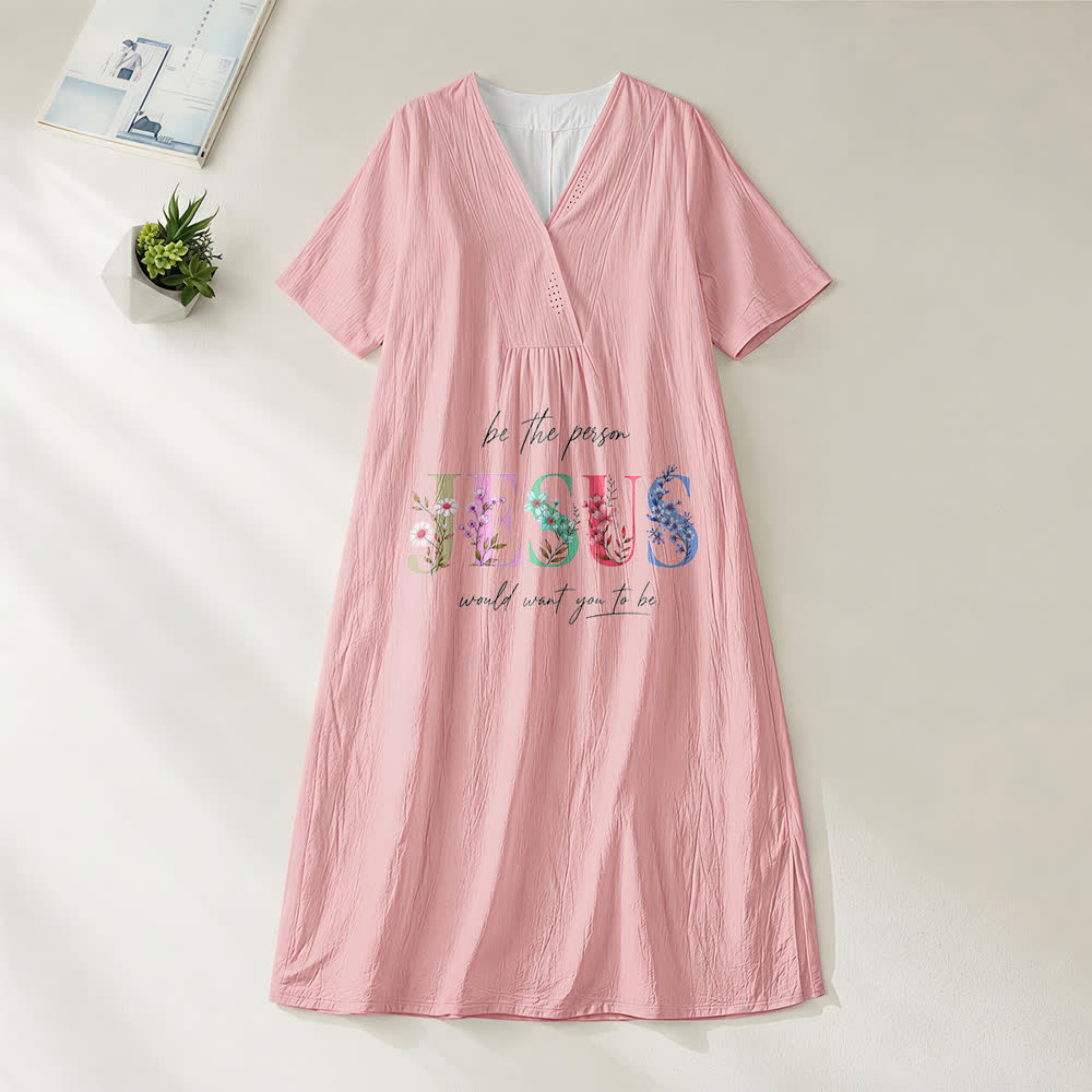 Christianartworkshop Sei die Person, die Jesus sich wünscht – Blumenkleid mit Jesusmotiv, V-Ausschnitt und kurzen Ärmeln - Rosa - 4XL - image 6
