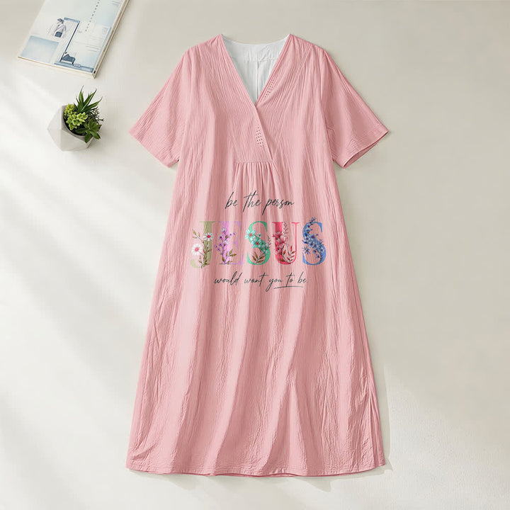 Christianartworkshop Sei die Person, die Jesus sich wünscht – Blumenkleid mit Jesusmotiv, V-Ausschnitt und kurzen Ärmeln - Rosa - 4XL - image 6