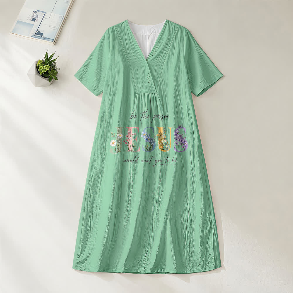 Christianartworkshop Sei die Person, die Jesus sich wünscht – Blumenkleid mit Jesusmotiv, V-Ausschnitt und kurzen Ärmeln - Grün - 4XL - image 4