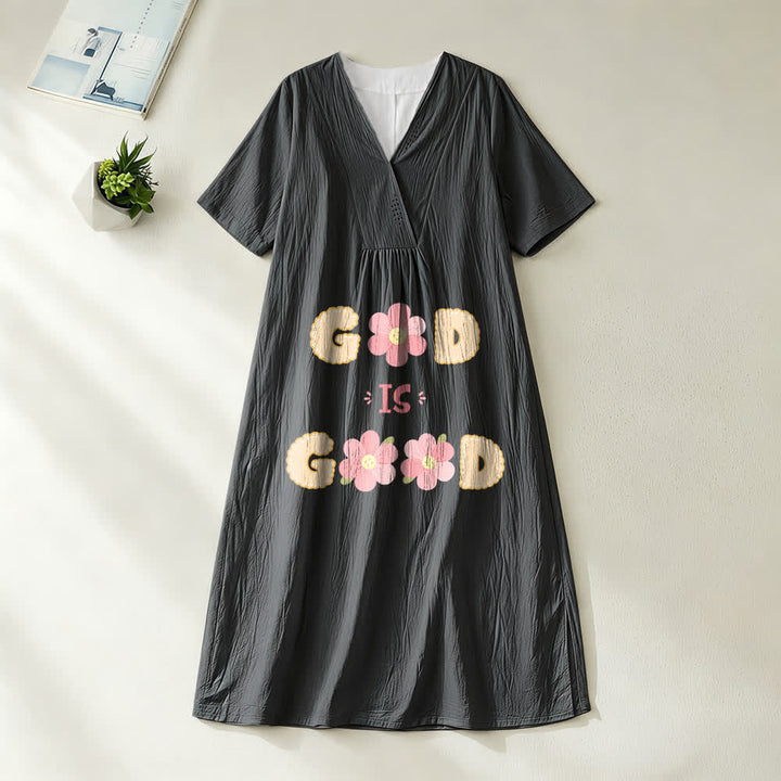 Christianartworkshop Andachtskleid „Gott ist gut“ mit floralem Statement-Motiv, V-Ausschnitt und kurzen Ärmeln, Midi-Länge - Schwarz - 4XL - image 8