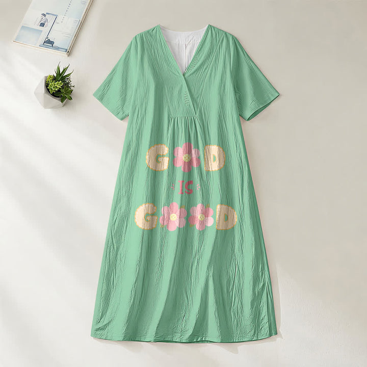 Christianartworkshop Andachtskleid „Gott ist gut“ mit floralem Statement-Motiv, V-Ausschnitt und kurzen Ärmeln, Midi-Länge - Grün - 4XL - image 6