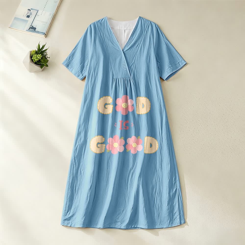 Christianartworkshop Andachtskleid „Gott ist gut“ mit floralem Statement-Motiv, V-Ausschnitt und kurzen Ärmeln, Midi-Länge - Blau - 4XL - image 4