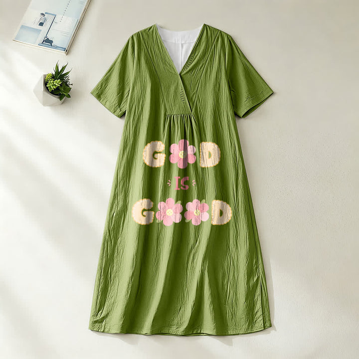 Christianartworkshop Andachtskleid „Gott ist gut“ mit floralem Statement-Motiv, V-Ausschnitt und kurzen Ärmeln, Midi-Länge - Olivgrün - 4XL - image 10