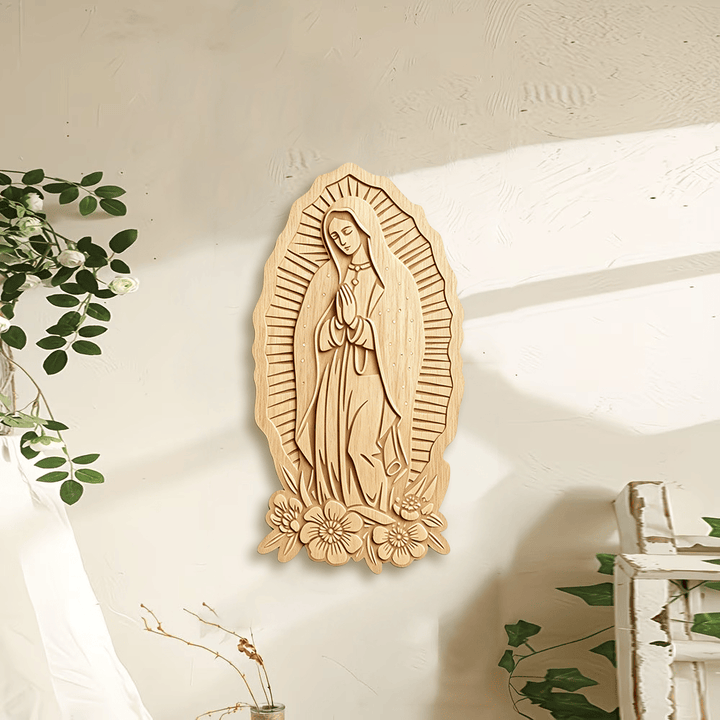 Christianartworkshop Strahlender Heiligenschein Unsere Liebe Frau von Guadalupe – Wandplakette aus Holz: Symbol des sanften Schutzes - image 0