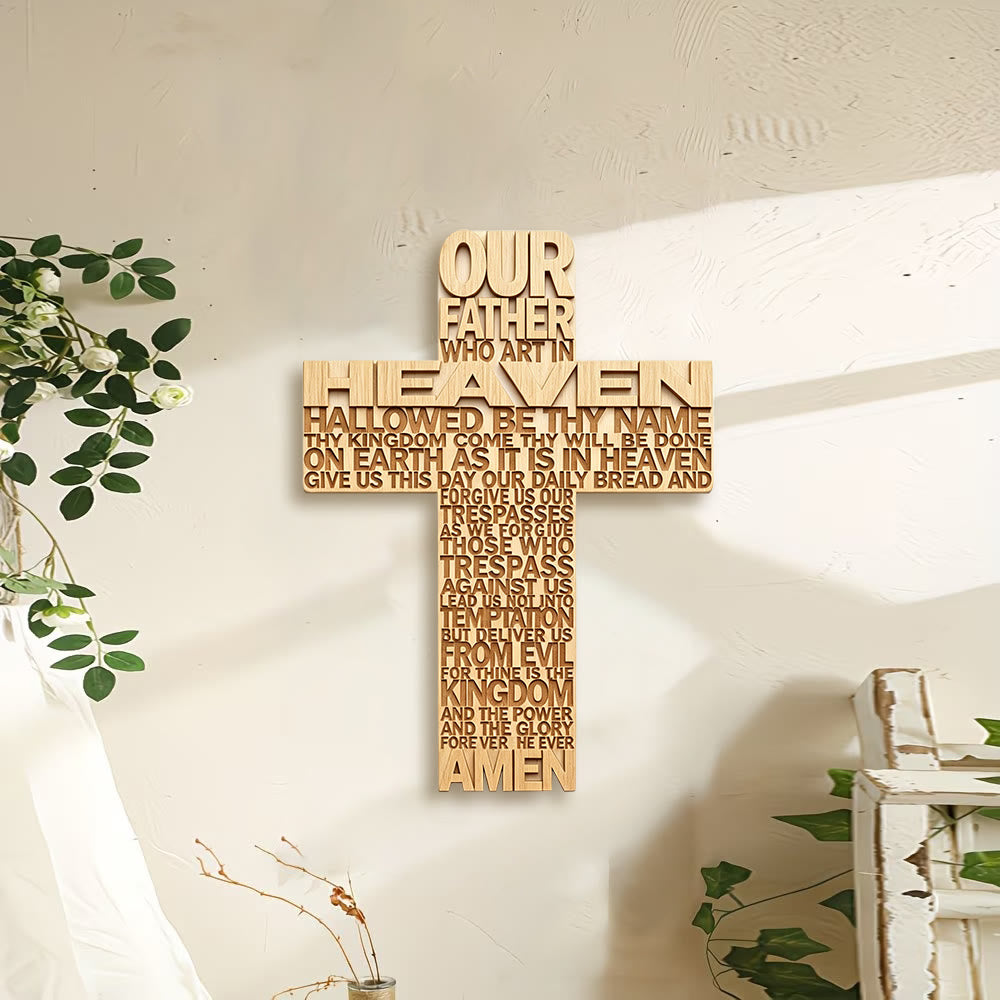Christianartworkshop – Inschriftkreuz mit dem Vaterunser als Wandplakette aus Holz: Symbol des unerschütterlichen Glaubens - image 0