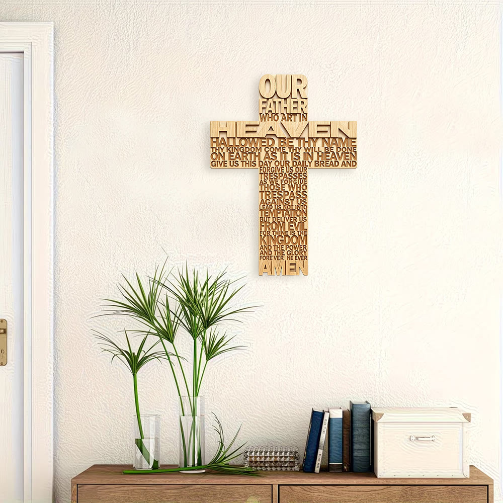 Christianartworkshop – Inschriftkreuz mit dem Vaterunser als Wandplakette aus Holz: Symbol des unerschütterlichen Glaubens - image 1