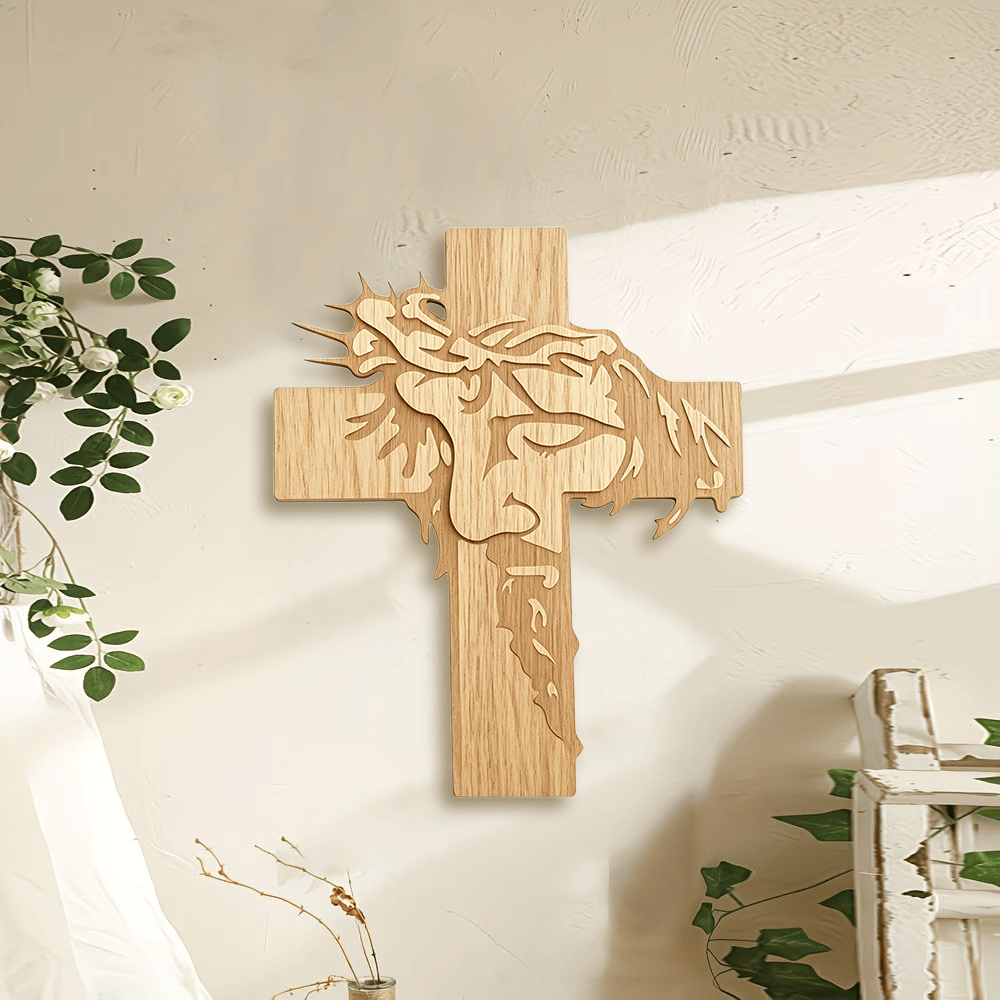Christianartworkshop Jesus mit geschlossenen Augen, meditativem, heiligem Antlitz, Dornenkrone, Kreuz – Wandplakette aus Holz: Symbol der Barmherzigkeit - image 1