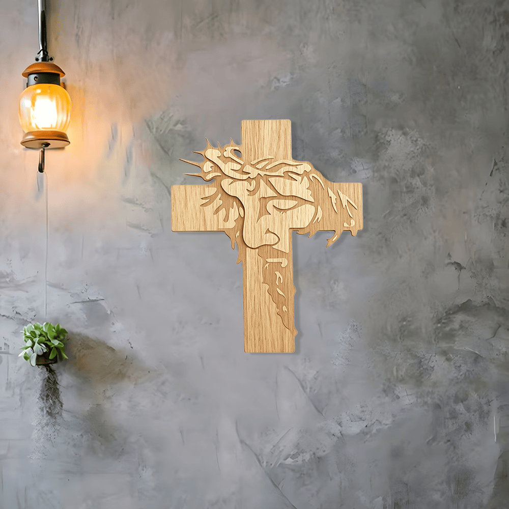 Christianartworkshop Jesus mit geschlossenen Augen, meditativem, heiligem Antlitz, Dornenkrone, Kreuz – Wandplakette aus Holz: Symbol der Barmherzigkeit - image 2