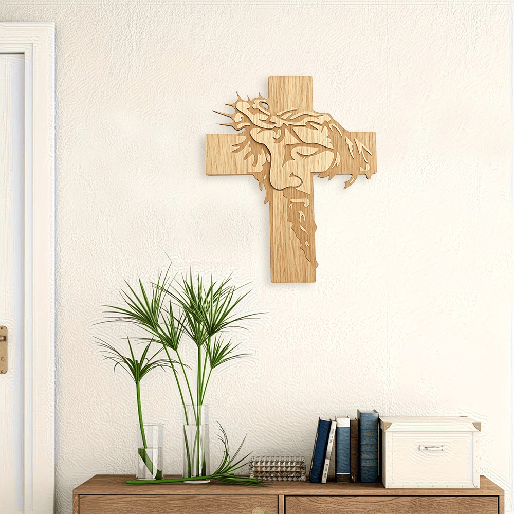 Christianartworkshop Jesus mit geschlossenen Augen, meditativem, heiligem Antlitz, Dornenkrone, Kreuz – Wandplakette aus Holz: Symbol der Barmherzigkeit - image 3
