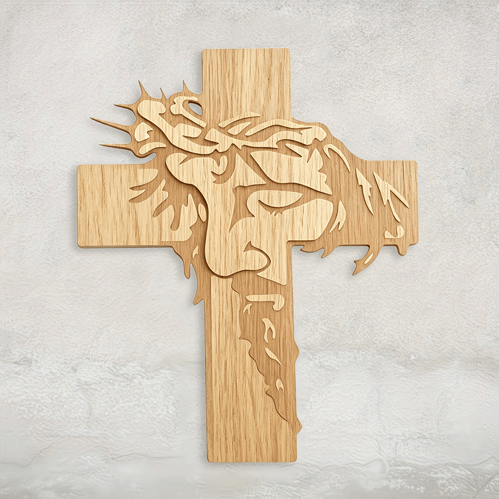 Christianartworkshop Jesus mit geschlossenen Augen, meditativem, heiligem Antlitz, Dornenkrone, Kreuz – Wandplakette aus Holz: Symbol der Barmherzigkeit - image 0
