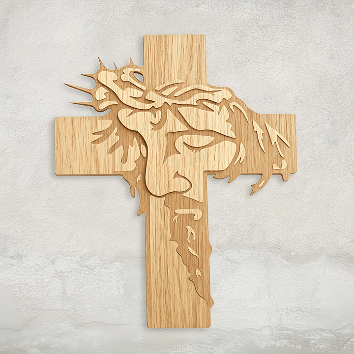 Christianartworkshop Jesus mit geschlossenen Augen, meditativem, heiligem Antlitz, Dornenkrone, Kreuz – Wandplakette aus Holz: Symbol der Barmherzigkeit - image 0