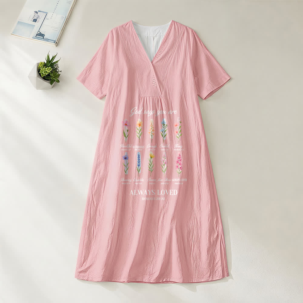 Christianartworkshop „Gott sagt, du wirst immer geliebt“ – Geblümtes Midikleid mit V-Ausschnitt und kurzen Ärmeln - Rosa - 4XL - image 6