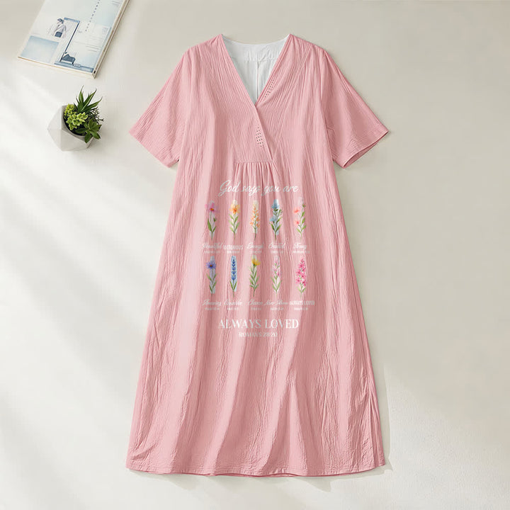 Christianartworkshop „Gott sagt, du wirst immer geliebt“ – Geblümtes Midikleid mit V-Ausschnitt und kurzen Ärmeln - Rosa - 4XL - image 6