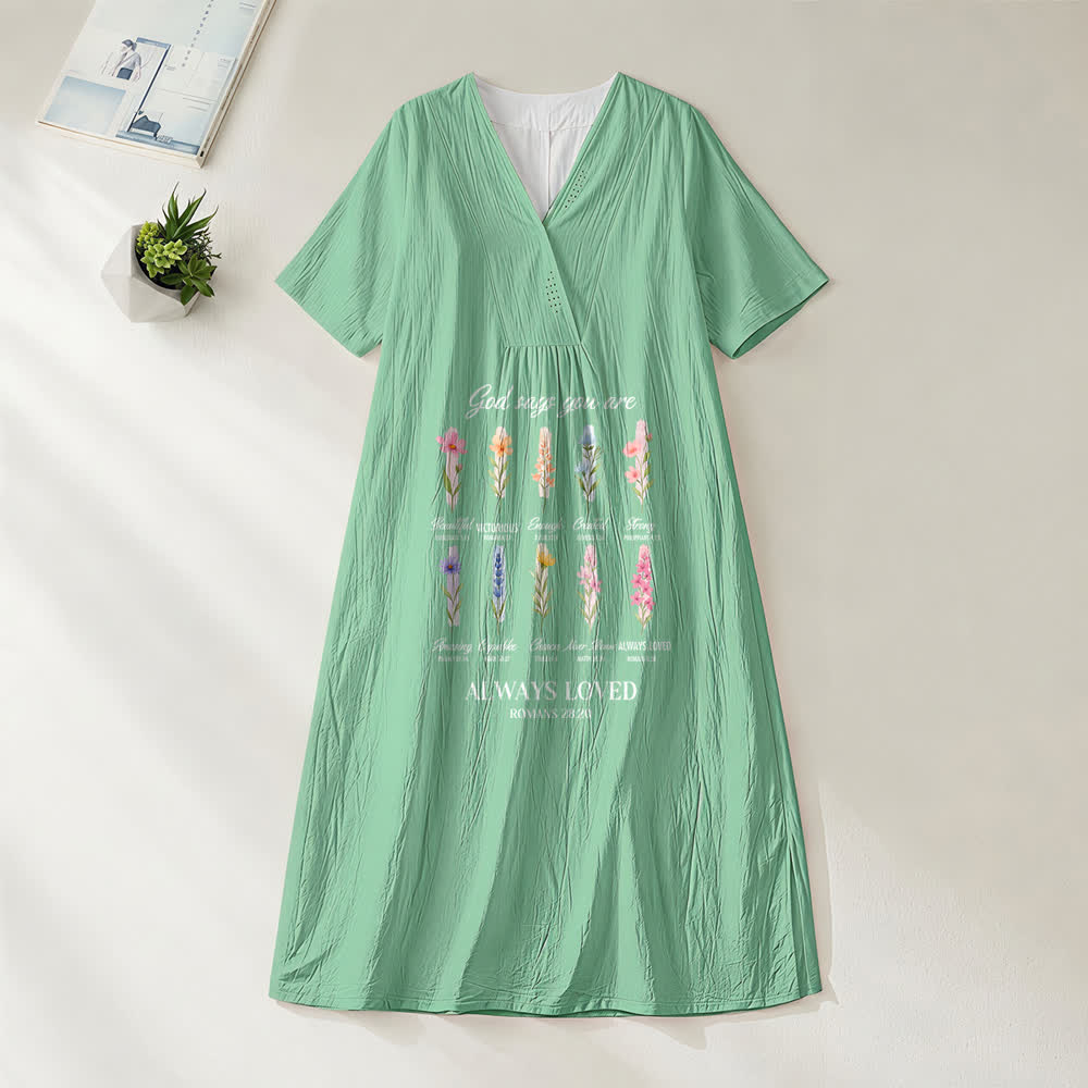 Christianartworkshop „Gott sagt, du wirst immer geliebt“ – Geblümtes Midikleid mit V-Ausschnitt und kurzen Ärmeln - Grün - 4XL - image 0
