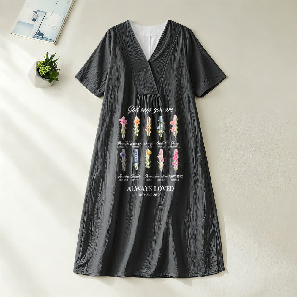 Christianartworkshop „Gott sagt, du wirst immer geliebt“ – Geblümtes Midikleid mit V-Ausschnitt und kurzen Ärmeln - Schwarz - 4XL - image 8