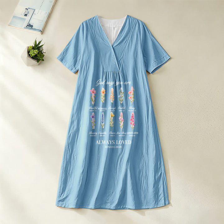 Christianartworkshop „Gott sagt, du wirst immer geliebt“ – Geblümtes Midikleid mit V-Ausschnitt und kurzen Ärmeln - Blau - 4XL - image 2