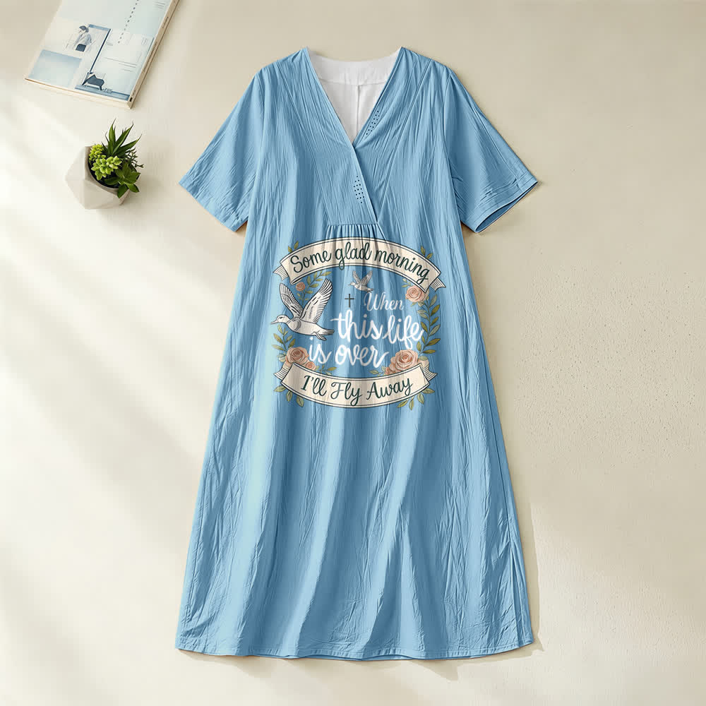 Christianartworkshop Some Glad Morning I'll Fly Away Floral Dove V-Neck Kurzarm-Midikleid - Blau - 4XL - image 4