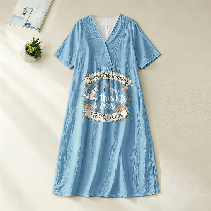 Christianartworkshop Some Glad Morning I'll Fly Away Floral Dove V-Neck Kurzarm-Midikleid - Blau - 4XL - image 4