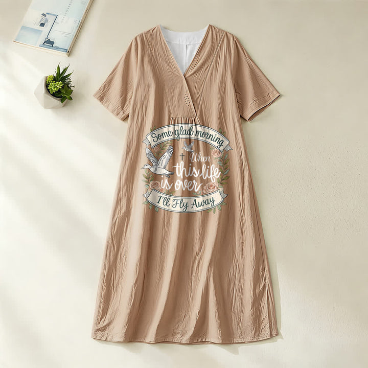 Christianartworkshop Some Glad Morning I'll Fly Away Floral Dove V-Neck Kurzarm-Midikleid - Khaki - 4XL - image 6