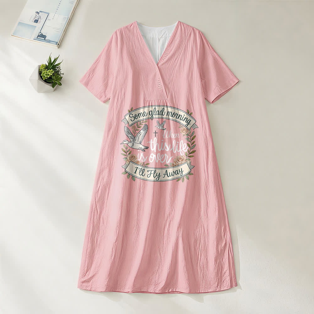 Christianartworkshop Some Glad Morning I'll Fly Away Floral Dove V-Neck Kurzarm-Midikleid - Rosa - 4XL - image 8