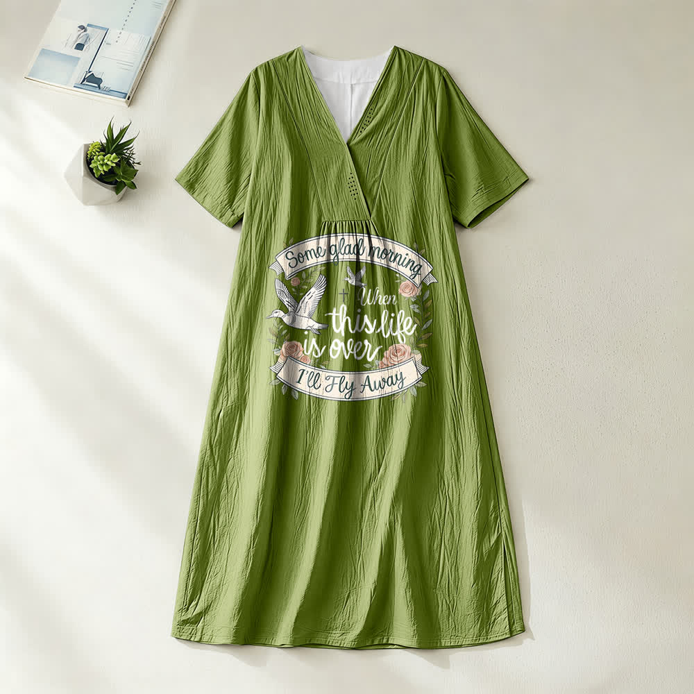 Christianartworkshop Some Glad Morning I'll Fly Away Floral Dove V-Neck Kurzarm-Midikleid - Olivgrün - 4XL - image 10