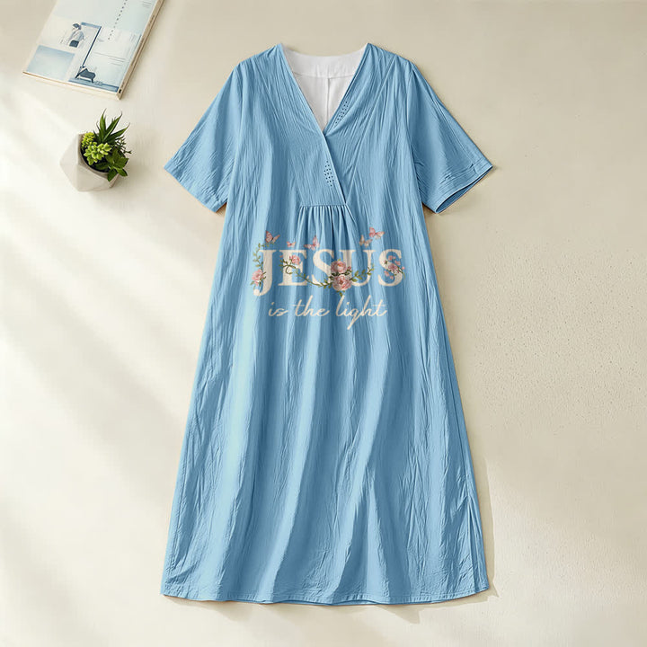 Christianartworkshop Jesus Is The Light Floral Butterfly V-Neck Kurzarm Midikleid - Blau - 4XL - image 4