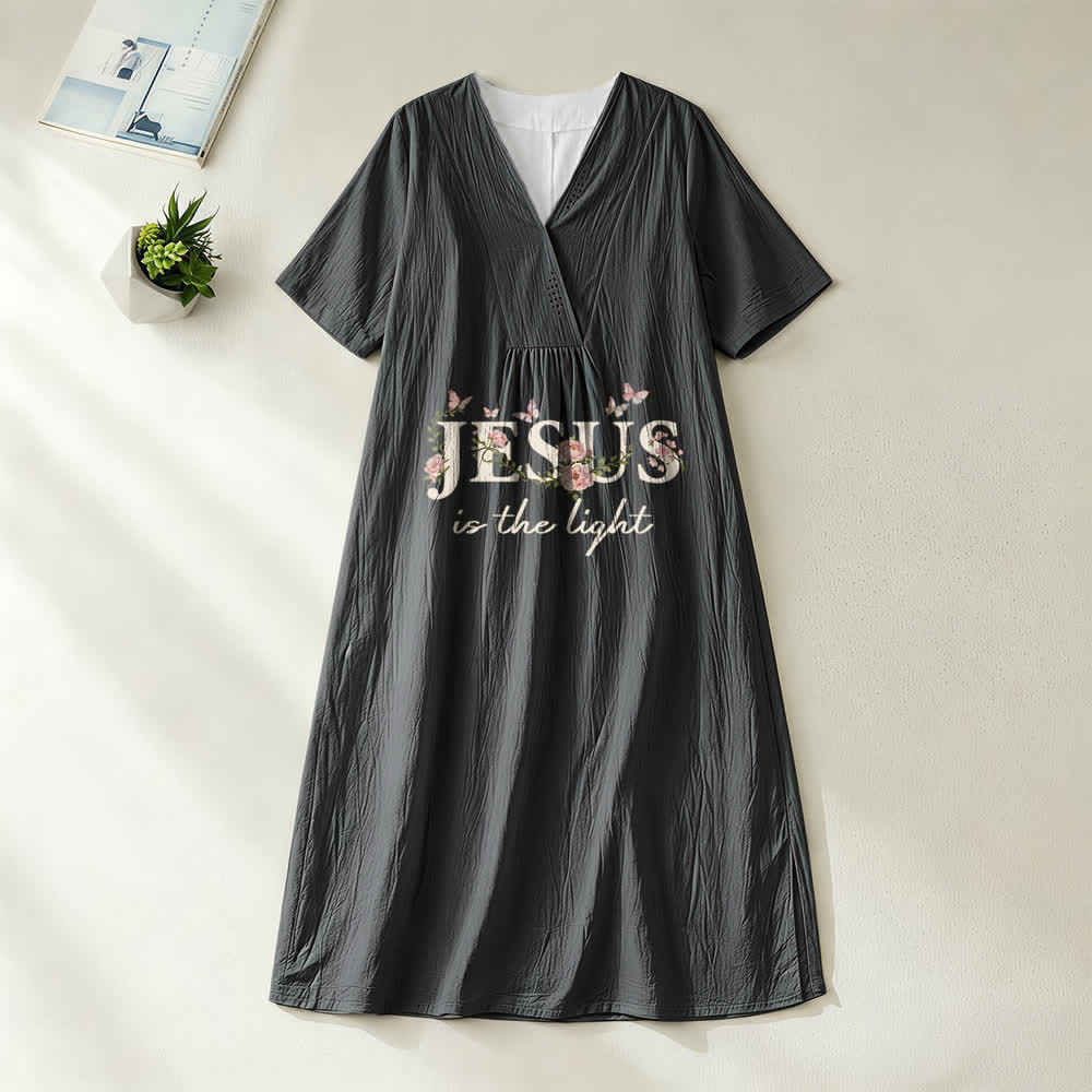 Christianartworkshop Jesus Is The Light Floral Butterfly V-Neck Kurzarm Midikleid - Schwarz - 4XL - image 8