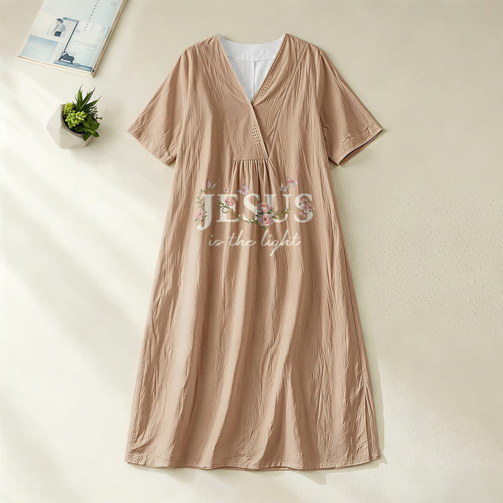 Christianartworkshop Jesus Is The Light Floral Butterfly V-Neck Kurzarm Midikleid - Khaki - 4XL - image 0