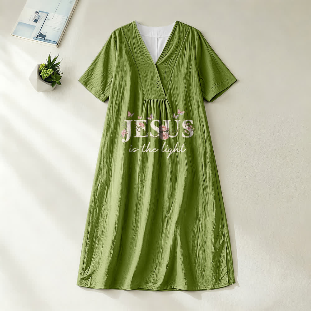 Christianartworkshop Jesus Is The Light Floral Butterfly V-Neck Kurzarm Midikleid - Olivgrün - 4XL - image 10