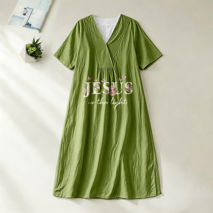 Christianartworkshop Jesus Is The Light Floral Butterfly V-Neck Kurzarm Midikleid - Olivgrün - 4XL - image 10