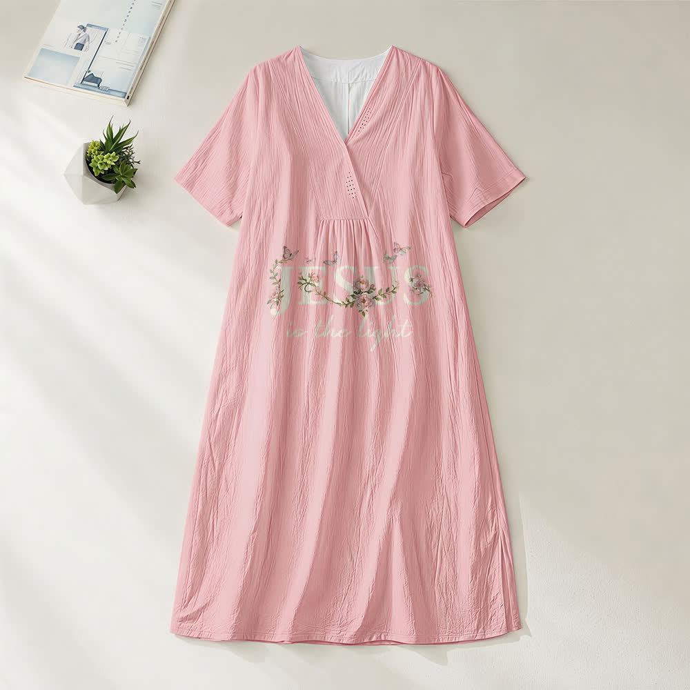 Christianartworkshop Jesus Is The Light Floral Butterfly V-Neck Kurzarm Midikleid - Rosa - 4XL - image 6