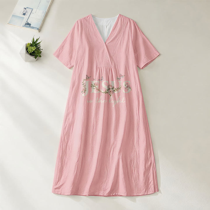 Christianartworkshop Jesus Is The Light Floral Butterfly V-Neck Kurzarm Midikleid - Rosa - 4XL - image 6