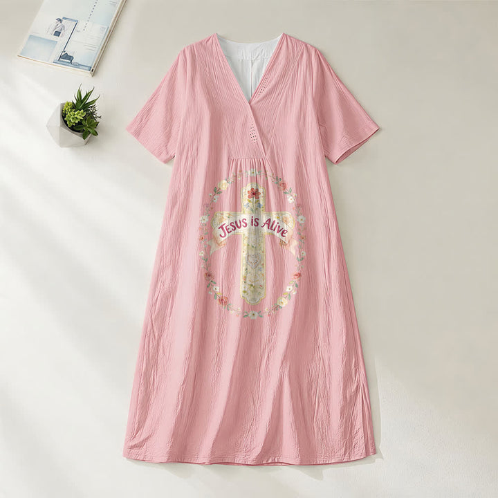 Christianartworkshop Jesus Is Alive Blumenkreuz V-Ausschnitt Kurzarm Midikleid - Rosa - 4XL - image 6