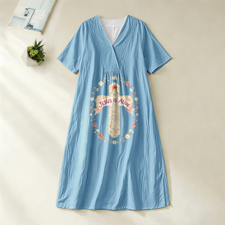 Christianartworkshop Jesus Is Alive Blumenkreuz V-Ausschnitt Kurzarm Midikleid - Blau - 4XL - image 0